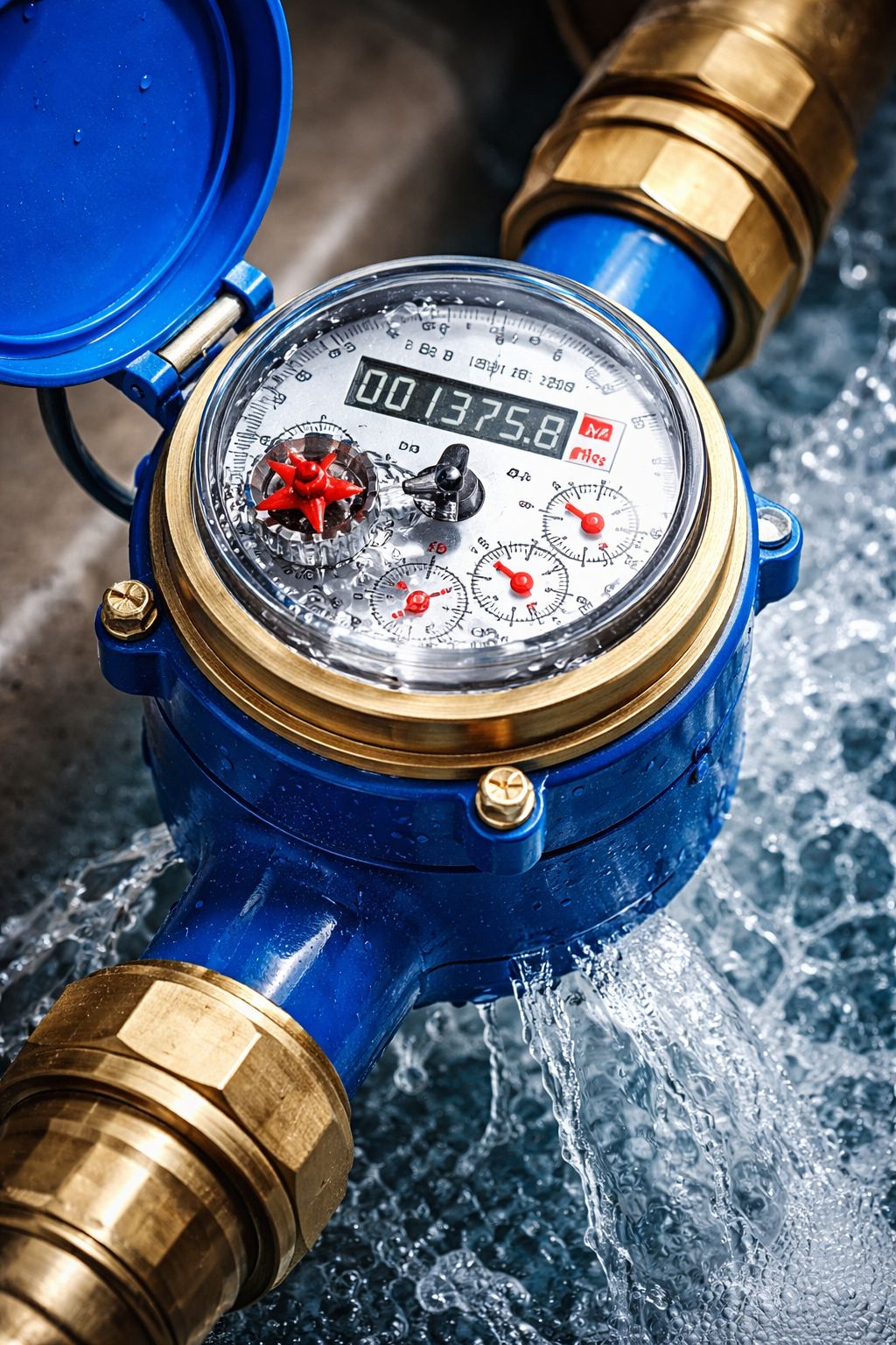Multi jet water meter installed on a water supply pipe during operation